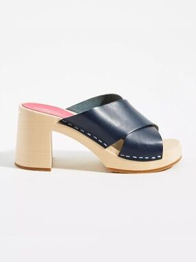 Swedish Hasbeens Annette Dark Blue Leather Wooden Clog Sandals - EU 38/ US 7-7.5